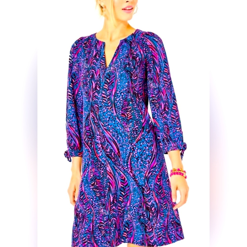 Lilly Pulitzer NWOT Cath 3/4 Sleeve Dress Blue Flare Always Pawsitive Small
